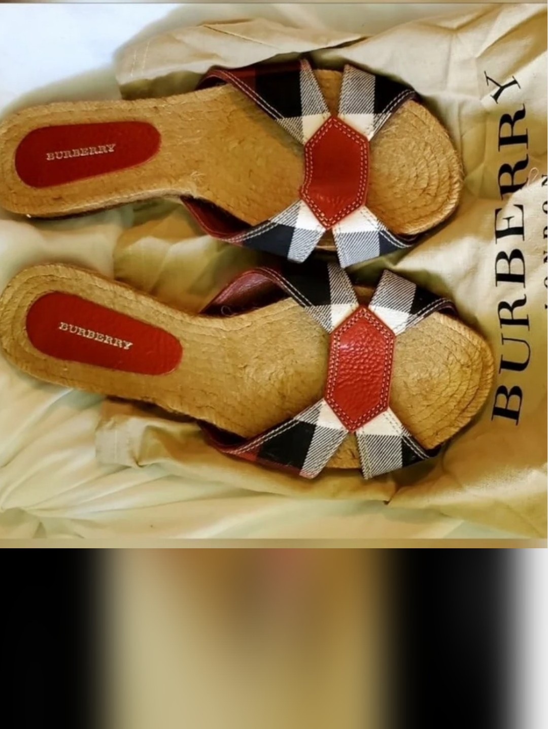 Burberry Red & Black Plaid Espadrille Slide Sandals - Women